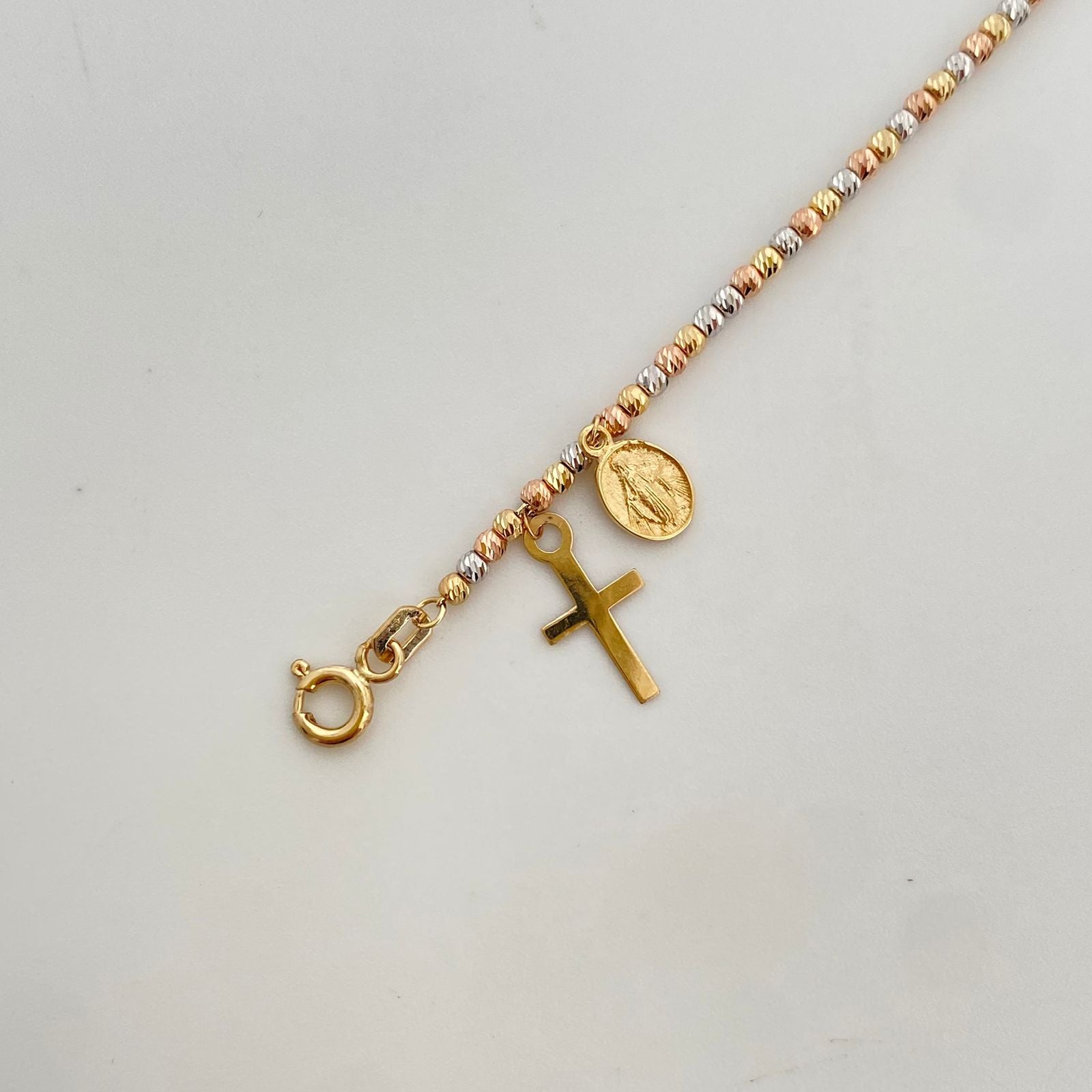 Pulso It balines diamantados cruz y virgen milagrosa Tres oros 18k +4 / 3,6 Gr / 2,0 mm / 18 Cm